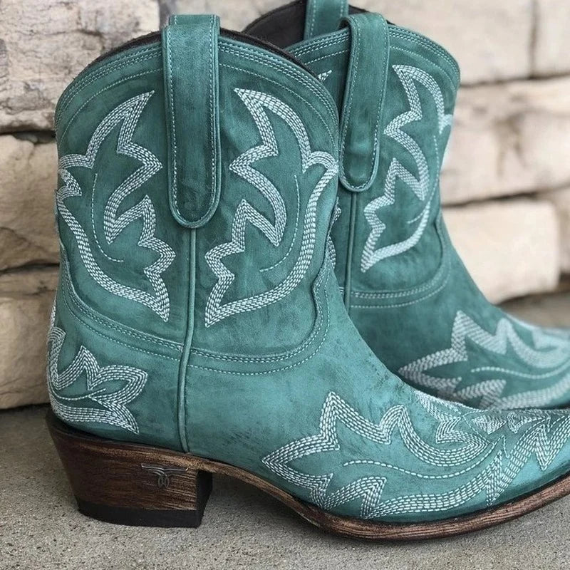 Women’s Western Ankle Boots – Embroidered Cowboy Style with Block Heel