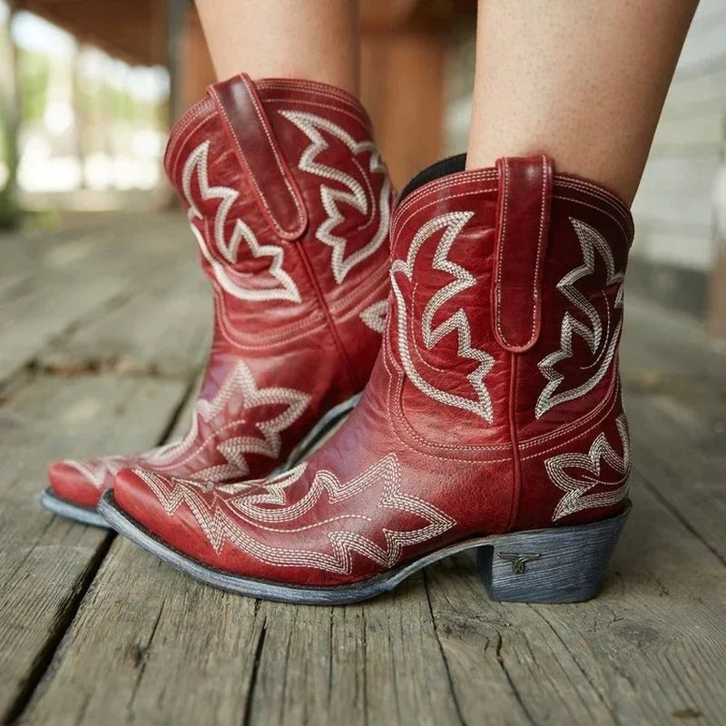 Women’s Western Ankle Boots – Embroidered Cowboy Style with Block Heel