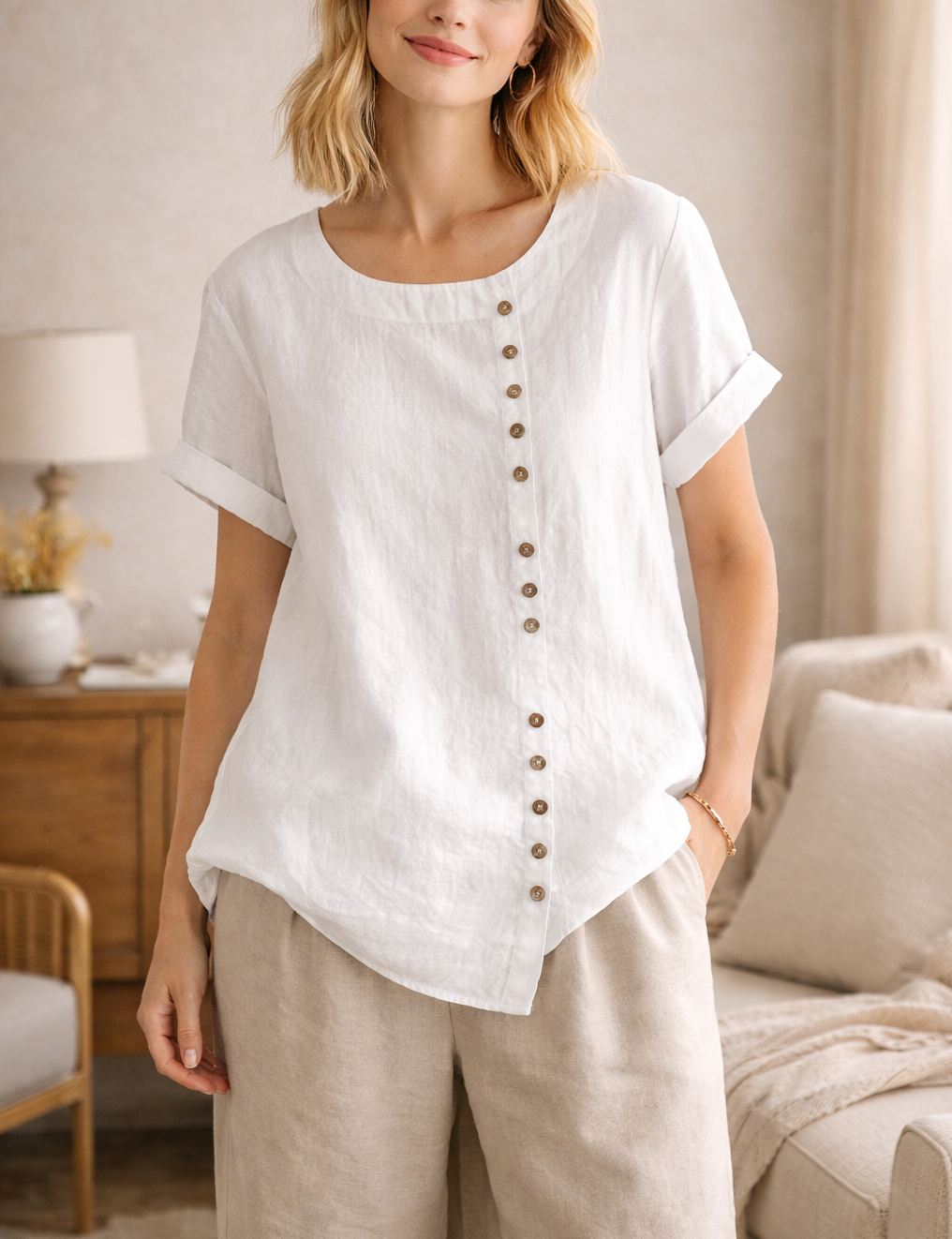 Camicia da donna comoda con bottoni e orlo inclinato