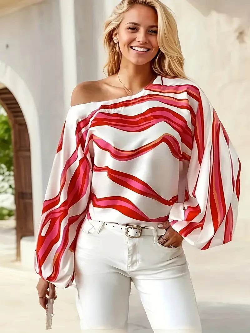 Women’s Printed One Shoulder Balloon Sleeve Satin Blouse