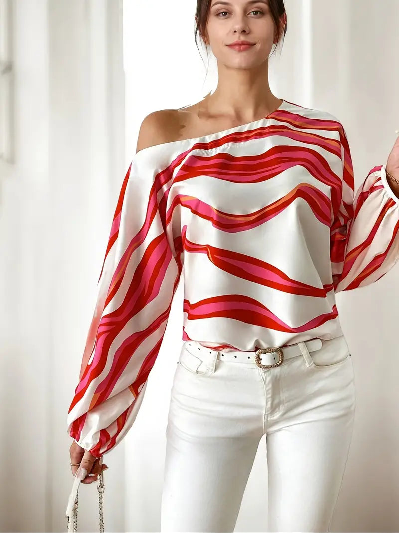Women’s Printed One Shoulder Balloon Sleeve Satin Blouse