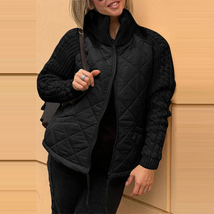Veste d’hiver matelassée pour femme à manches en maille - couche courte zippée à col montant pour une tenue décontractée au quotidien par temps froid