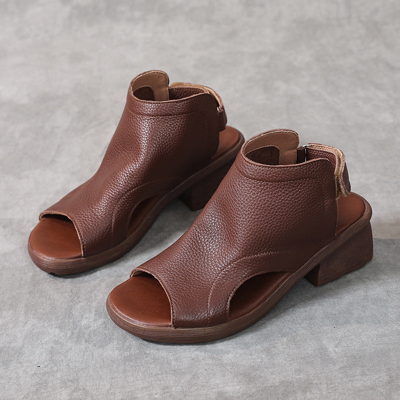 Sandali da donna in vera pelle con punta aperta - Scarpe con cinturino posteriore, intagli e tacco largo per look casual di tutti i giorni