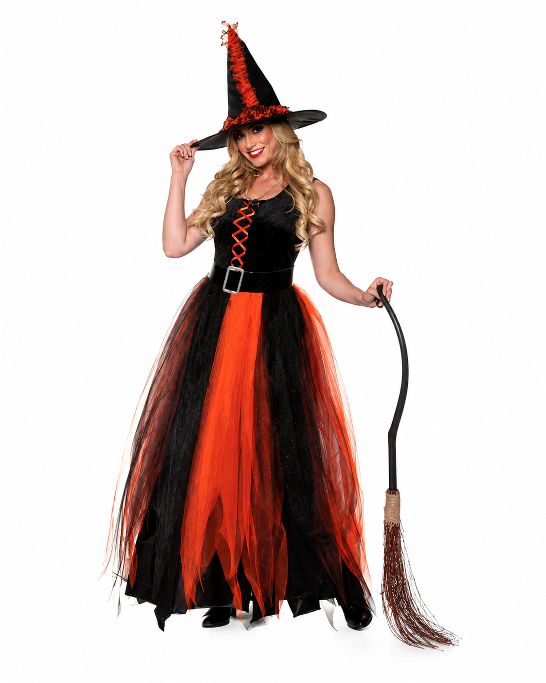 Dámský černo-oranžový kostým čarodějnice s kloboukem a opaskem na Halloween