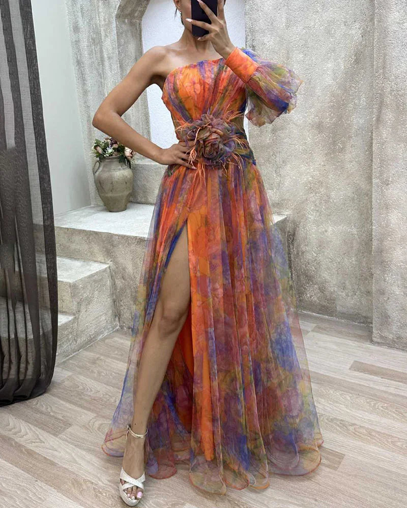 Rochie elegantă de damă cu un umăr, plisată, imprimeu floral, talie conică, stilată pentru ocazii