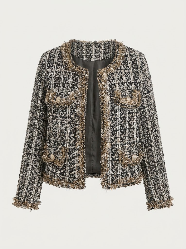 Women’s Bouclé Fringe Jacket – Cropped Textured Layer for Office and Evening Wear