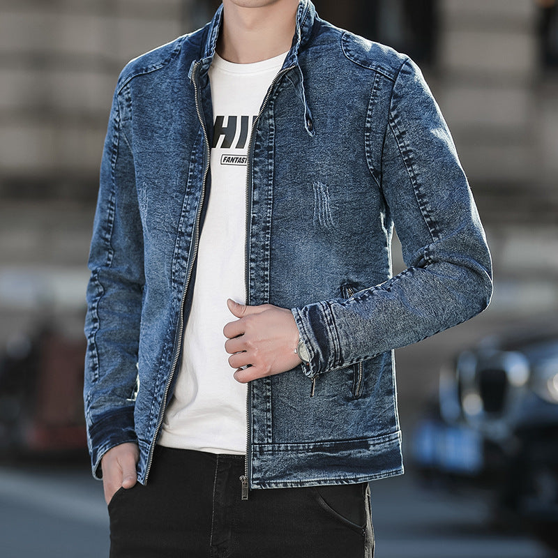 Men’s Stand-Collar Denim Jacket – Distressed Zip-Up Layer with Zipped Pockets