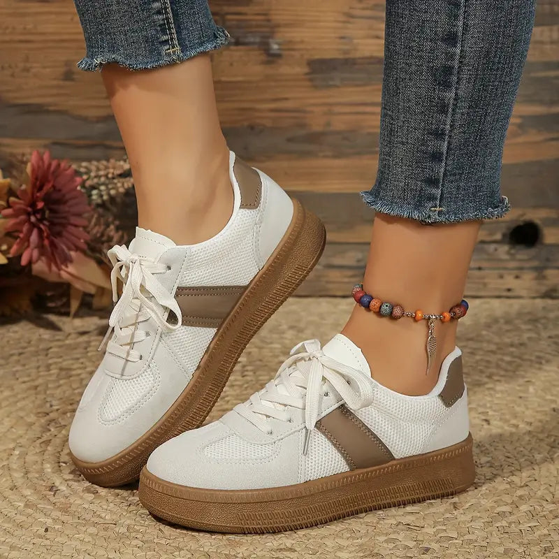 Damskie sneakersy na platformie sznurowane - teksturowane casualowe buty treningowe na codzienne spacery po mieście, weekendowe wyjścia, podróże i swobodne stylizacje streetwear
