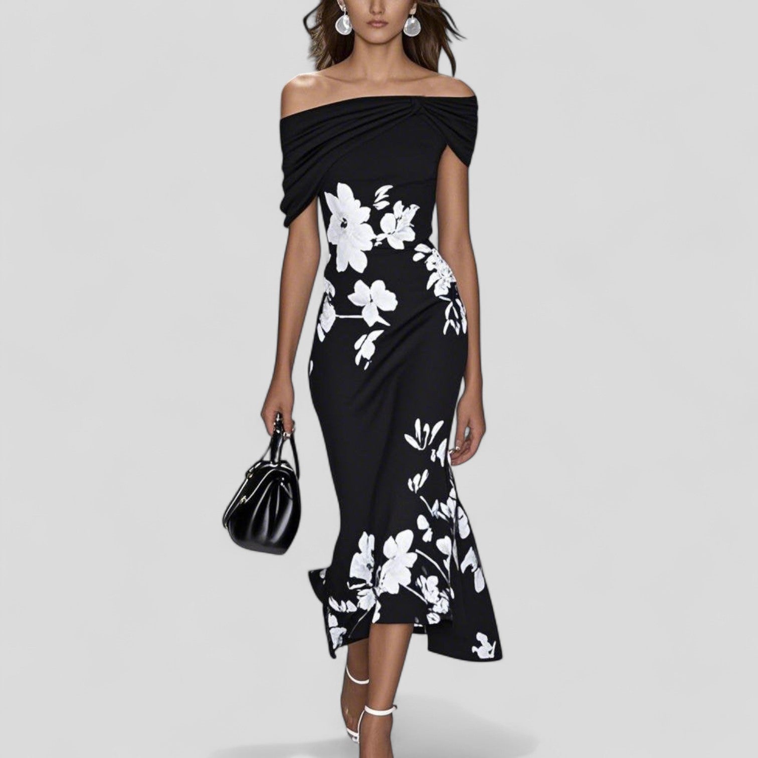 Women’s Off-Shoulder Floral Midi Dress Elegant Silhouette