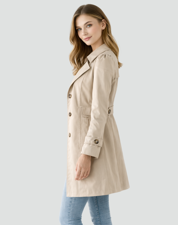 Dame skræddersyet trenchcoat med klassisk revers og mellemlang længde