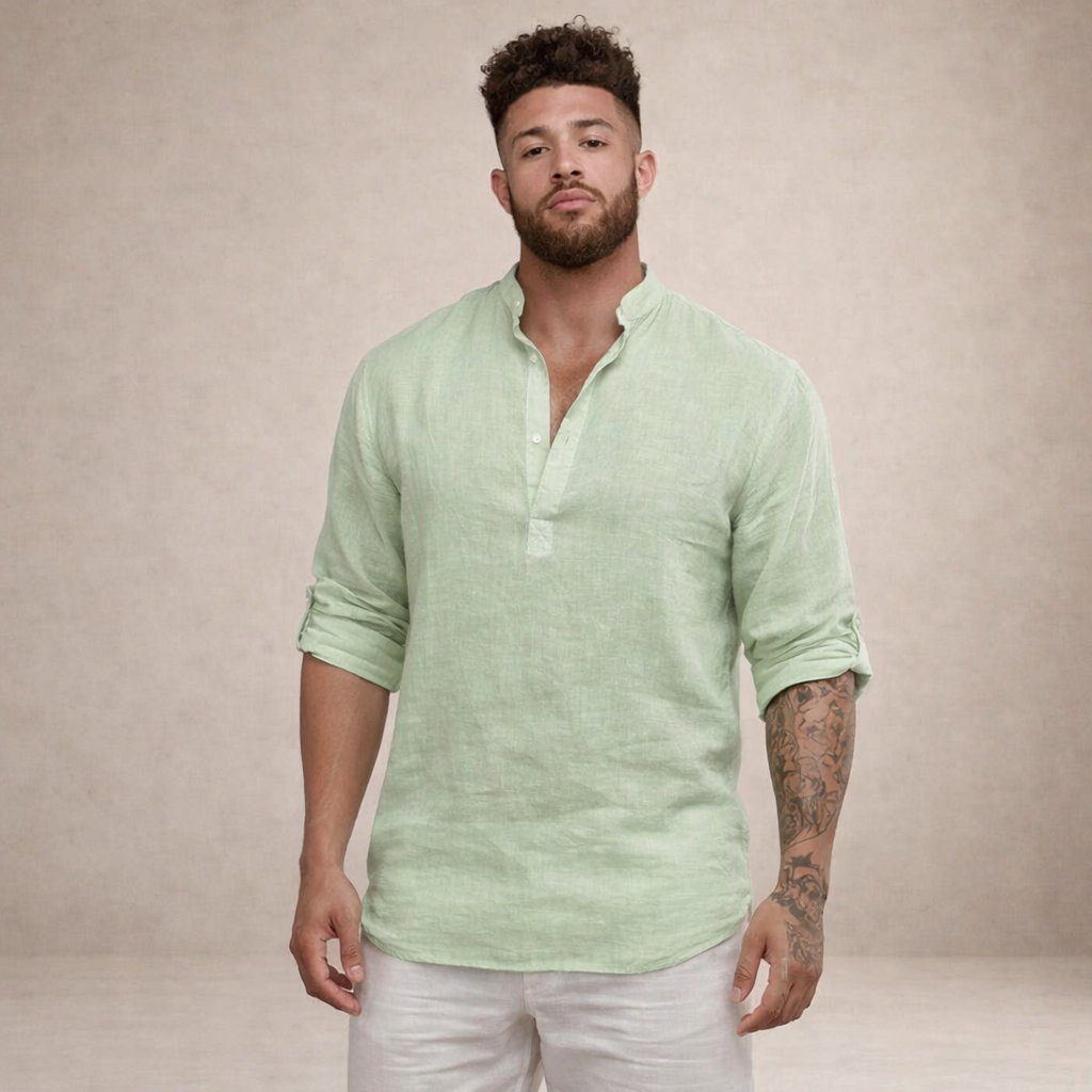 Camicia da uomo in lino con abbottonatura aperta, maniche arrotolate, vestibilità resort