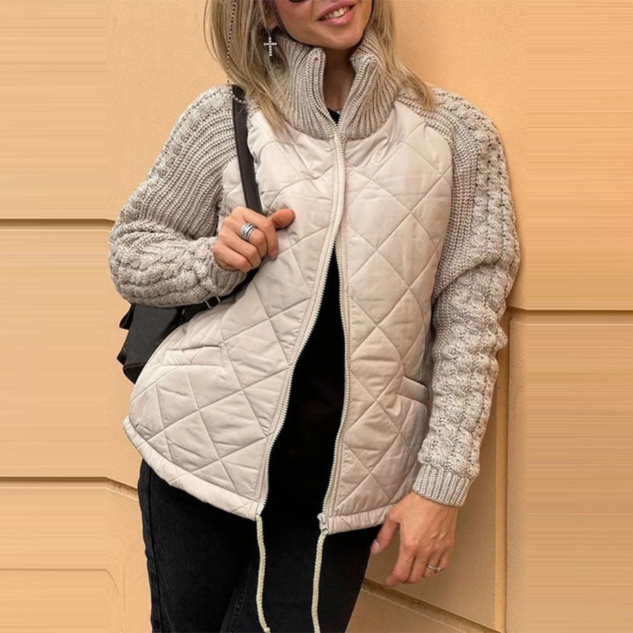 Veste d’hiver matelassée pour femme à manches en maille - couche courte zippée à col montant pour une tenue décontractée au quotidien par temps froid