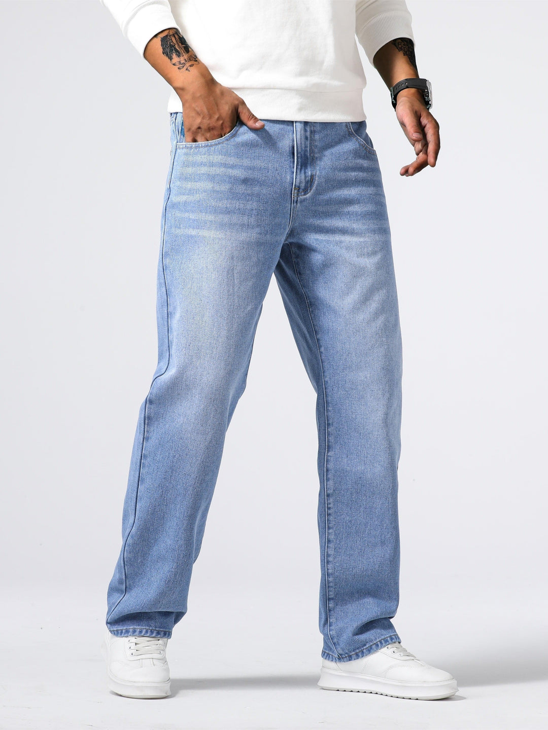 Jeans da uomo in denim, gamba dritta, lavaggio blu, vestibilità quotidiana