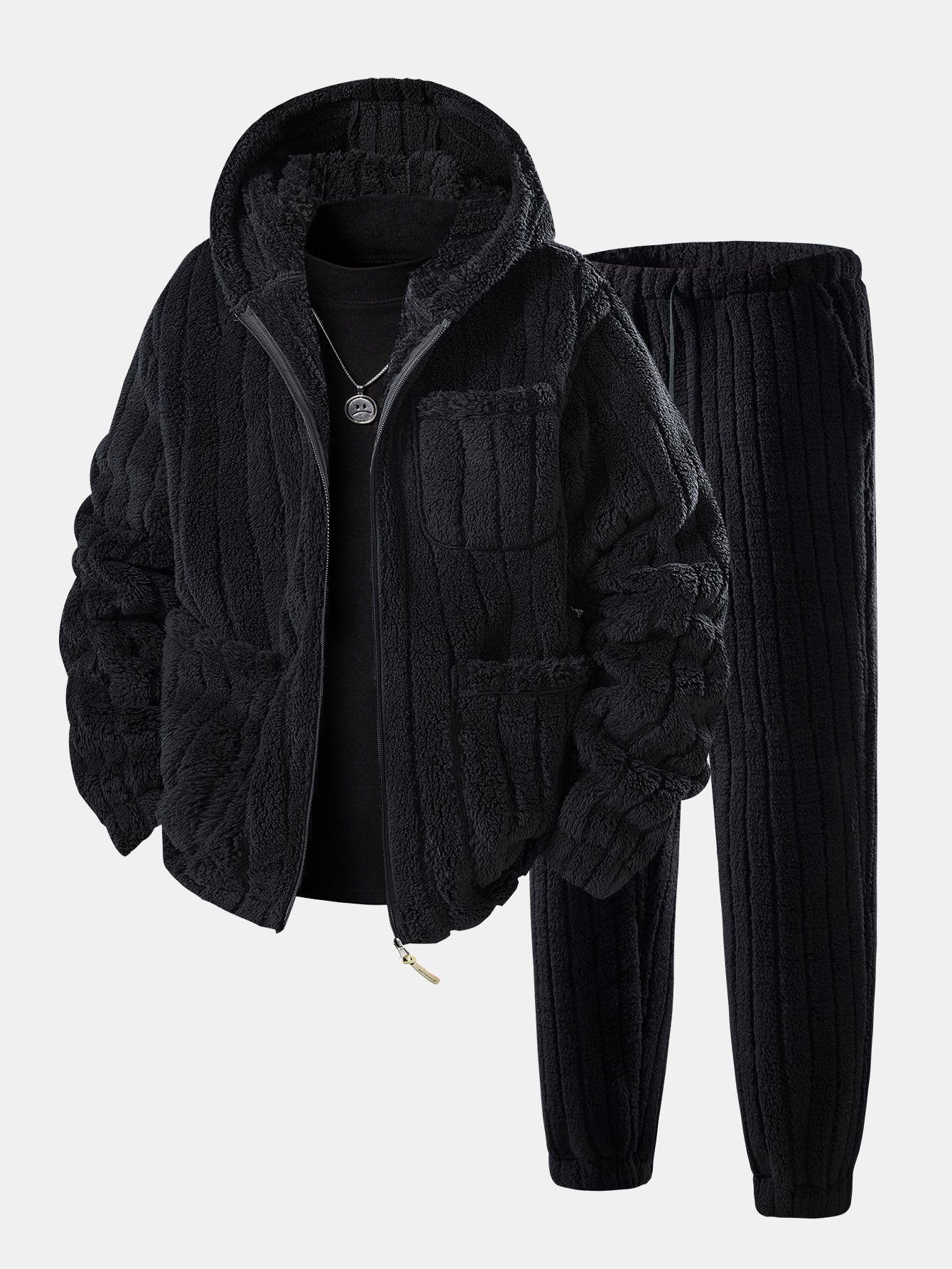 Men’s Zip-Up Teddy Fleece Tracksuit – Warm Relaxed Set for Winter Casual Wear