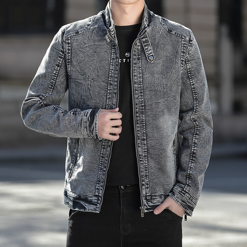 Men’s Stand-Collar Denim Jacket – Distressed Zip-Up Layer with Zipped Pockets
