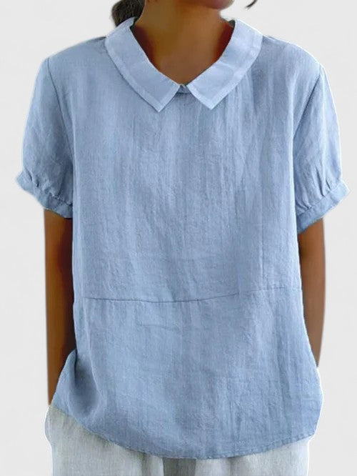 Afslappet bluse med korte ærmer til kvinder – casual pullover-top med krave og tekstureret stof til forår og sommer