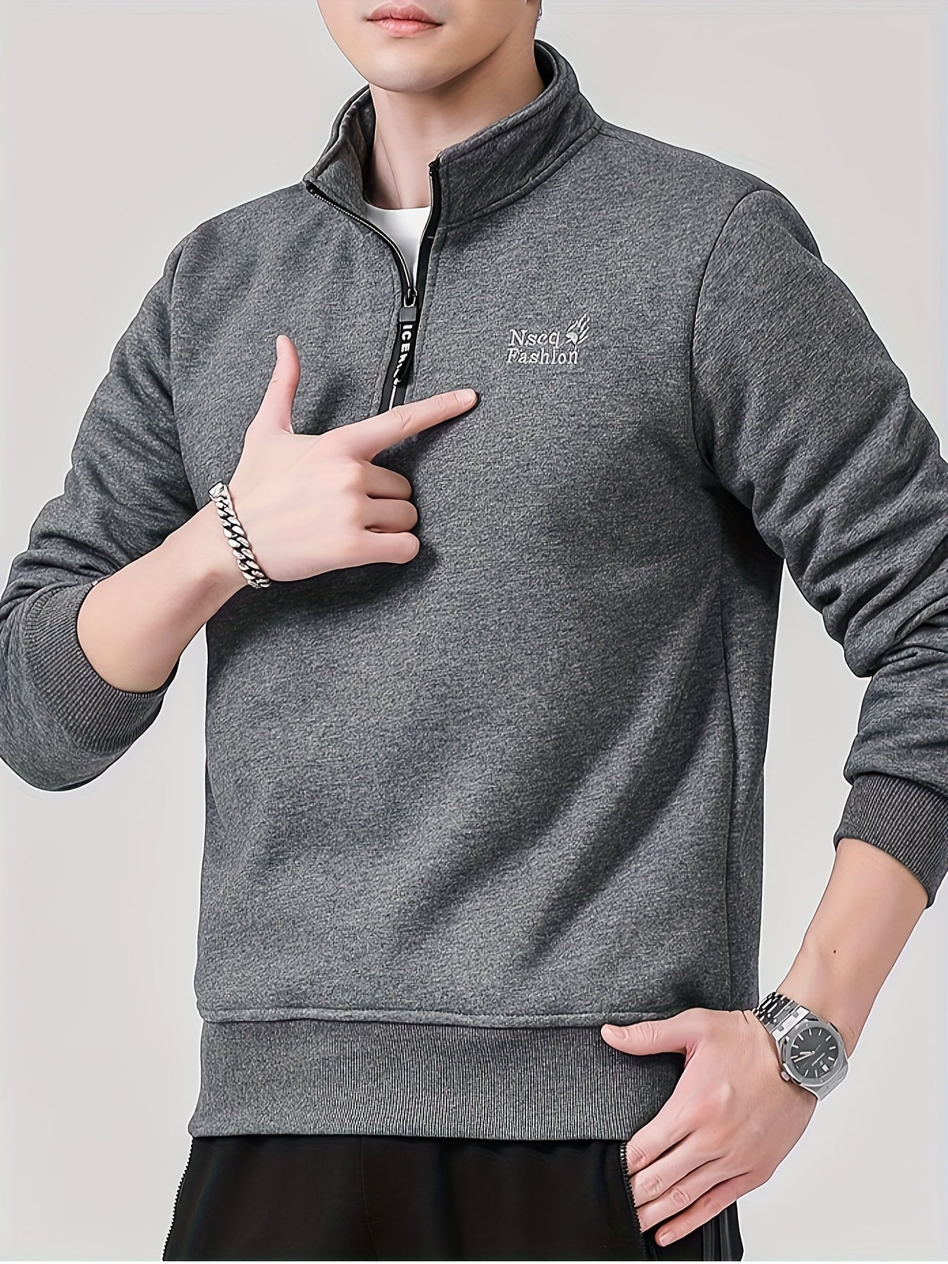 Sudadera de hombre con cremallera de un cuarto y forro polar – Capa cálida con cuello alto para otoño e invierno