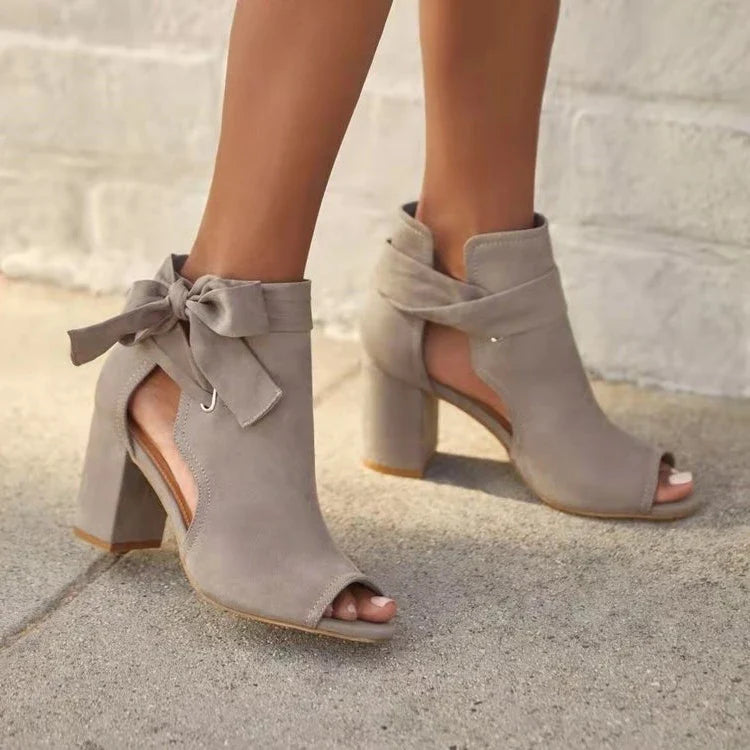 Women’s Peep Toe Boots Bow Detail Block Heel