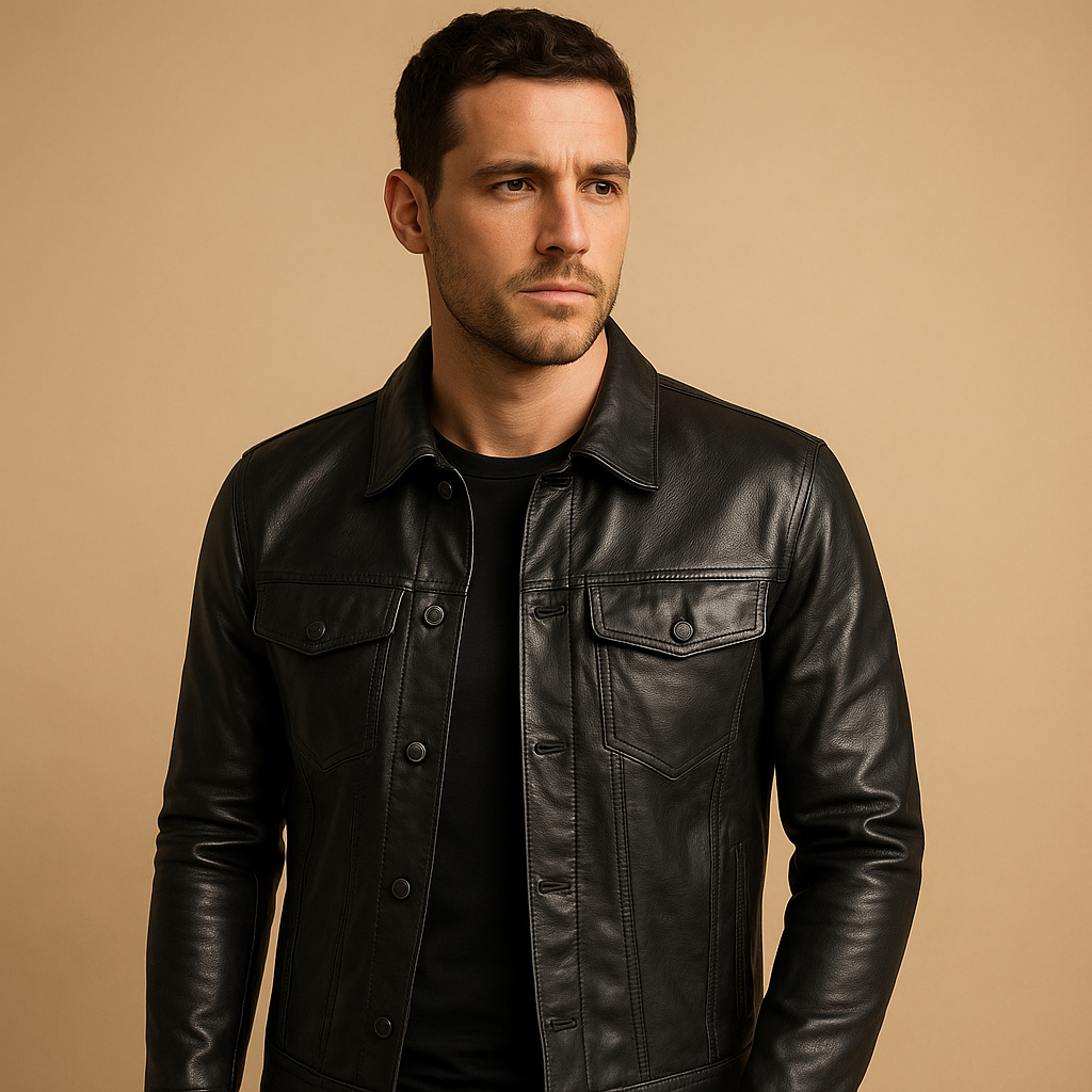 Men’s Leather-Look Trucker Jacket – Button-Front Short Layer with Chest Pockets for Casual City Everyday and Transitional Wear