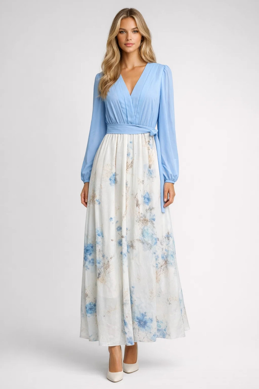 Women’s V-Neck Tie-Waist Printed Maxi Dress