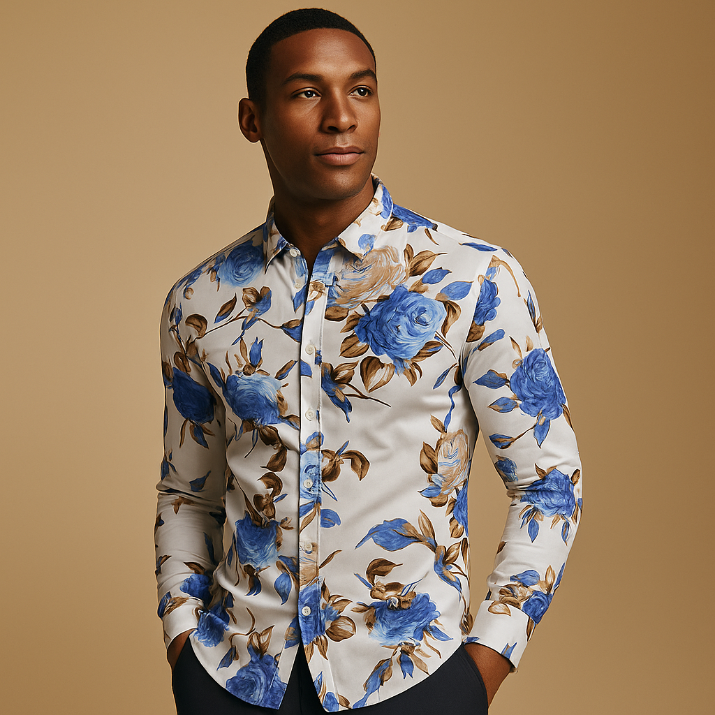 Pánská košile s dlouhým rukávem a potiskem - moderní střih s límcem a předním zapínáním na knoflíky pro elegantní ležérní styl, večírky, večerní události i každodenní nošení