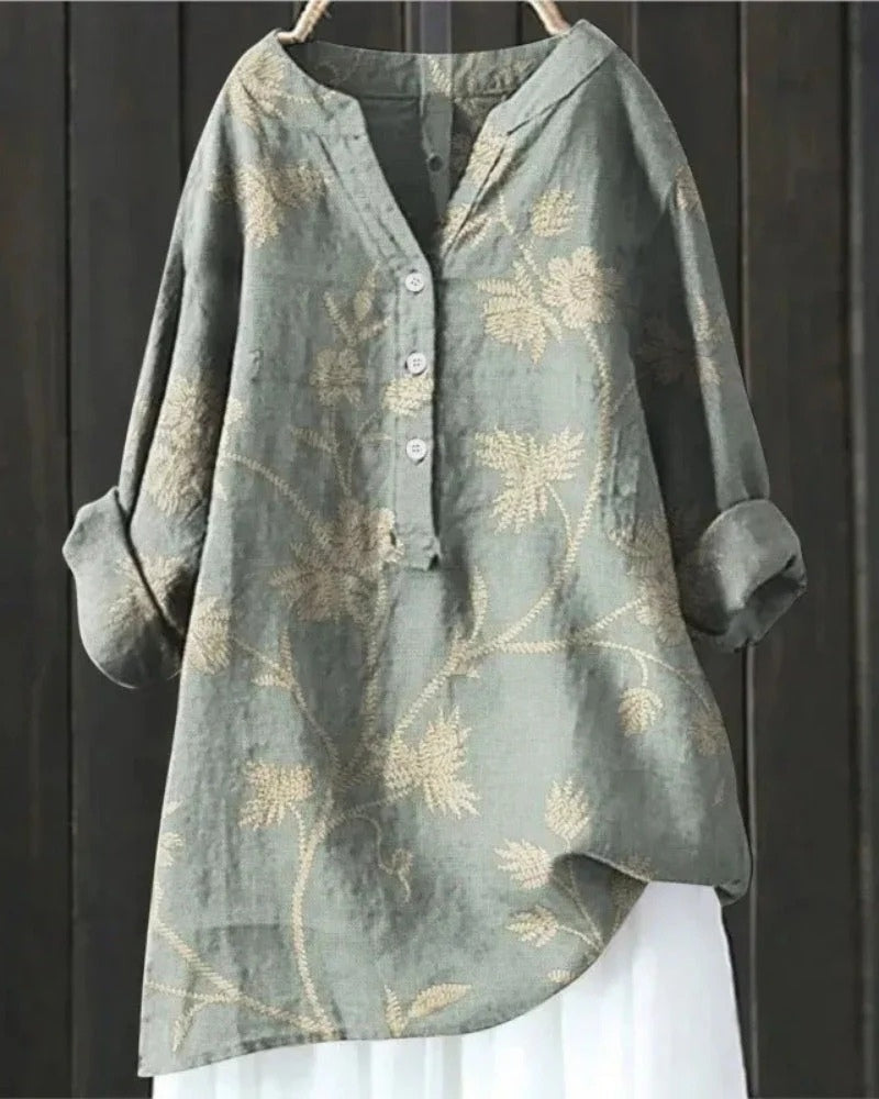 Damesbluse med patchworkprint – afslappet langærmet tunika til hverdagsbrug