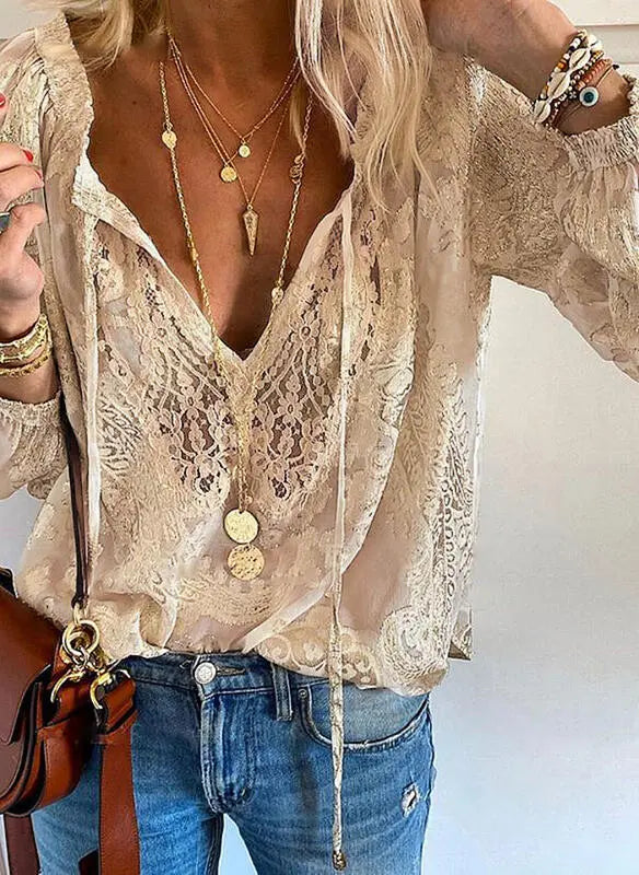 Women’s Boho V-Neck Blouse – Relaxed Lace-Detail Top for Summer Day and Weekend Wear