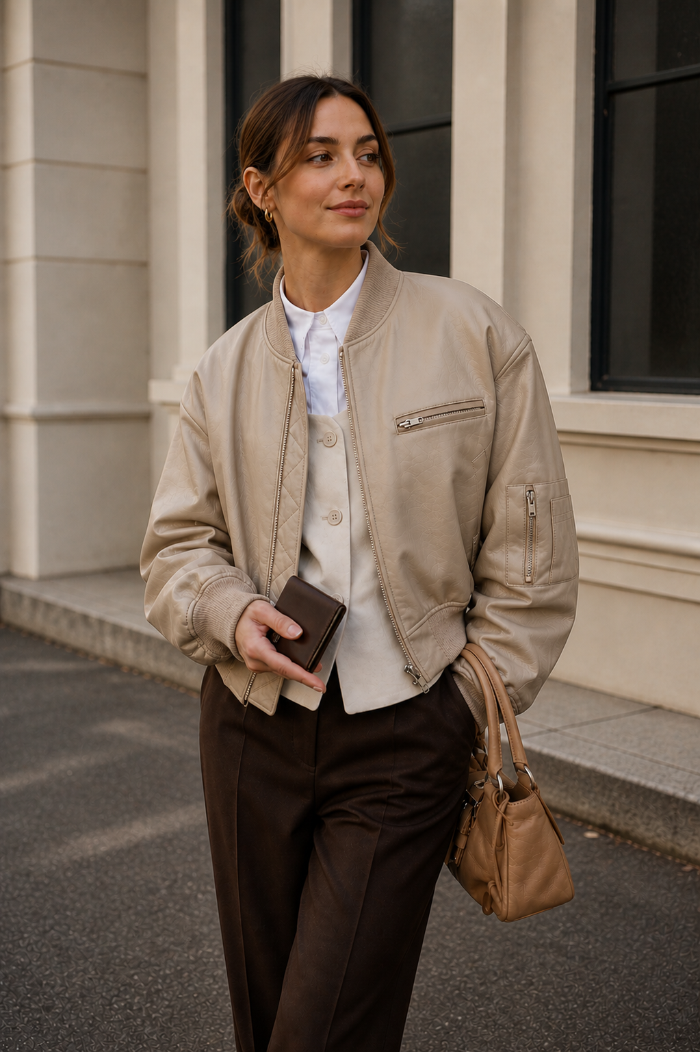 Dámská oversized bomber bunda v koženém vzhledu - volná bunda na zip s náplety a praktickými kapsami pro elegantně ležérní městské nošení