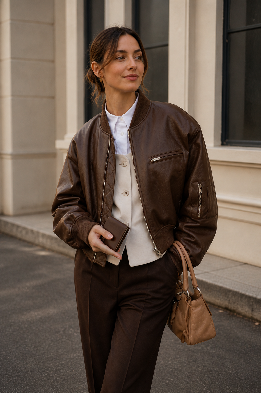 Dámská oversized bomber bunda v koženém vzhledu - volná bunda na zip s náplety a praktickými kapsami pro elegantně ležérní městské nošení