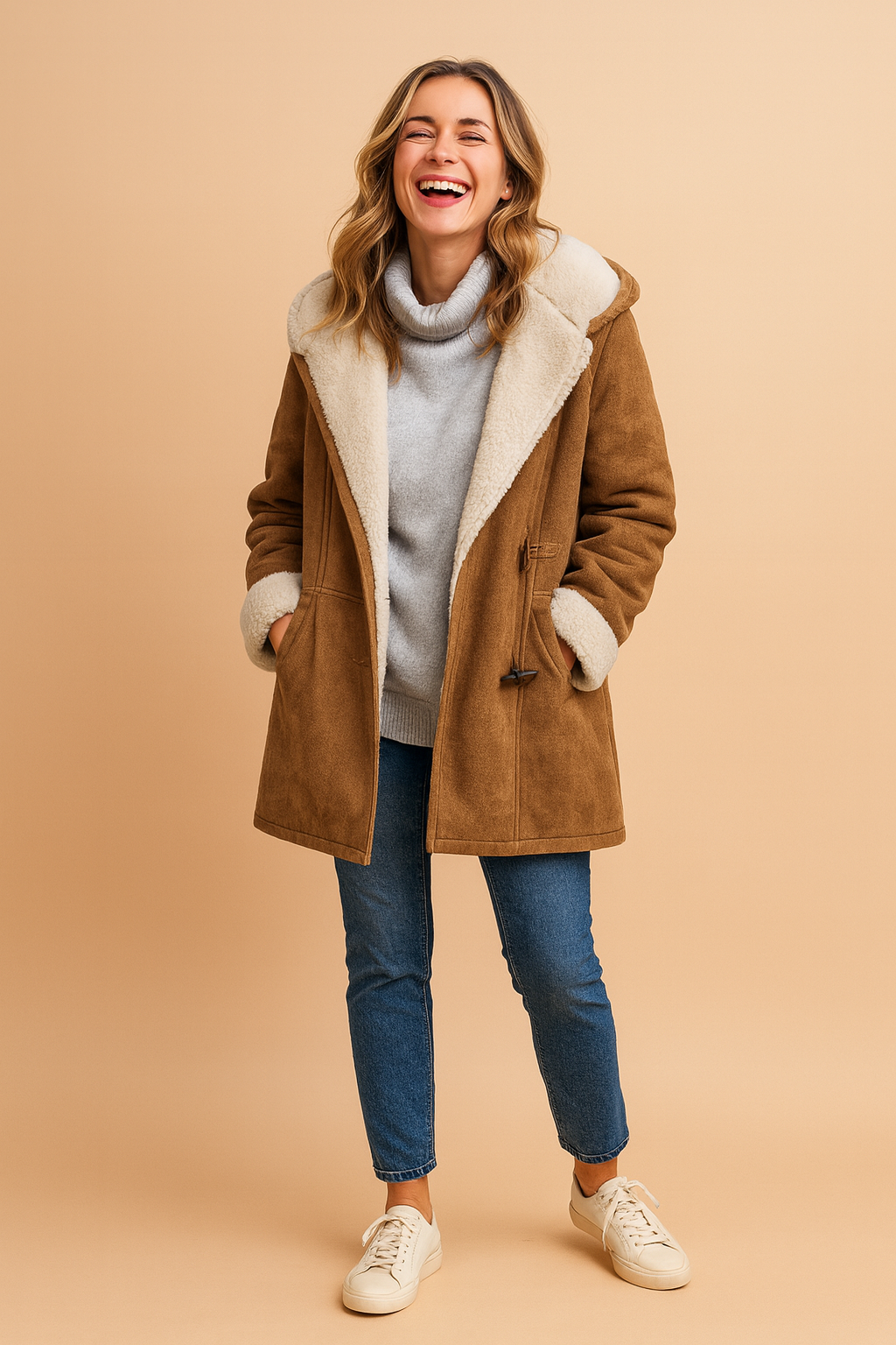 Damen-Kapuzen-Dufflejacke für den Winter mit weichem Fleece-Futter und Knebelverschluss – lässig geschnittene, mittellange, warme Freizeit-Oberbekleidung mit Vordertaschen für den Alltag im Herbst und Winter