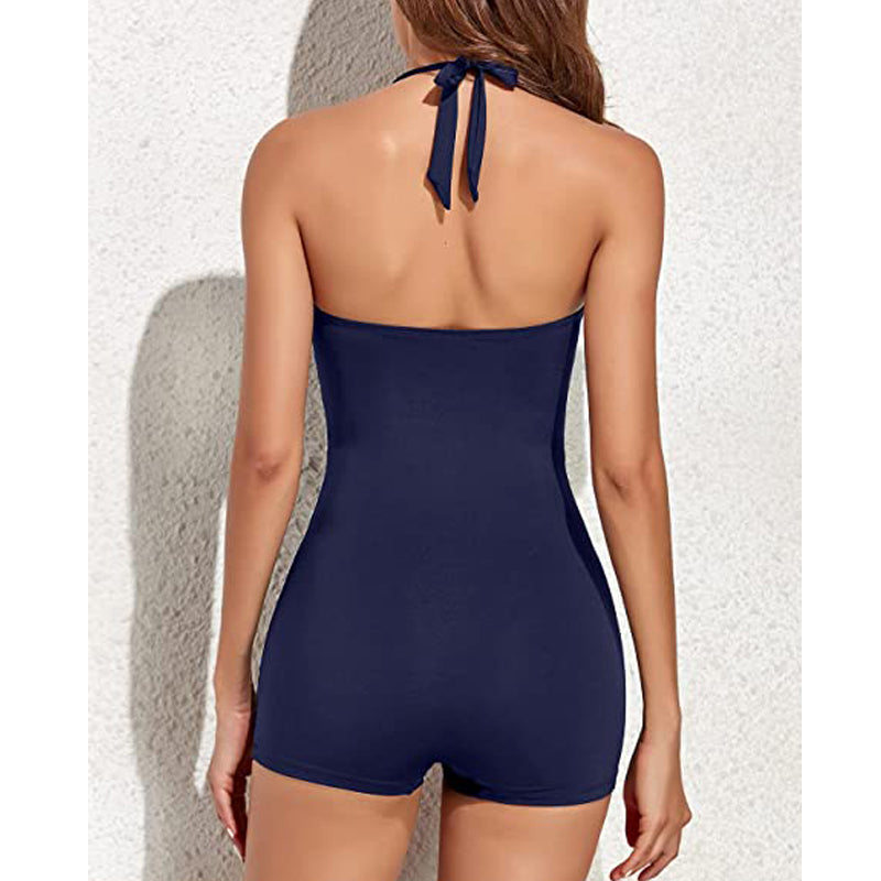 Costume da bagno donna con collo all'americana, arricciato, controllo pancia, pantaloncini da nuoto