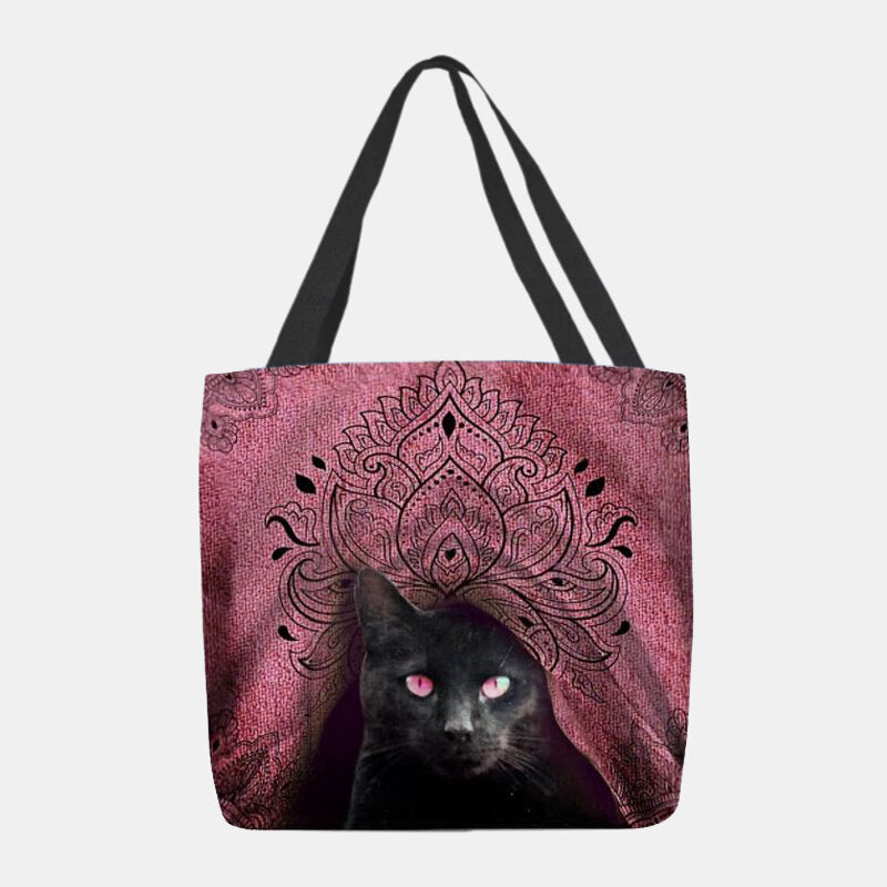 Canvas-taske med kattemotiv til kvinder – rummelig, afslappet shopper-skuldertaske med lange bærehåndtag
