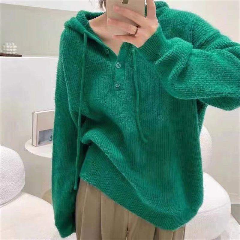 Jersey de punto acanalado con capucha para mujer – Jersey holgado con cuello de botones para llevar a capas cómodamente a diario