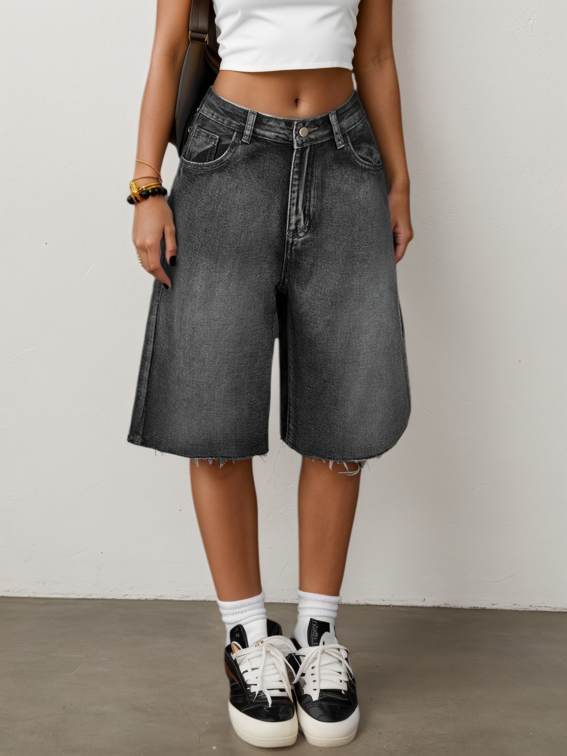 Dame Denim Jorts Løs Pasform Høj Talje Vide Ben Knælange Casual Shorts