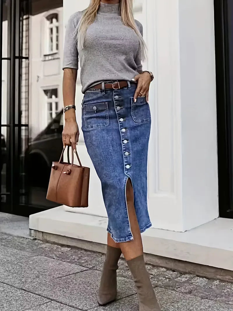Fustă midi din denim pentru femei, cu nasturi în față și talie înaltă