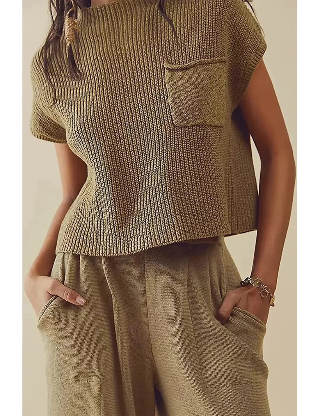 Top de punto acanalado de manga corta para mujer – Camiseta de cuello alto holgado para la oficina y el uso diario
