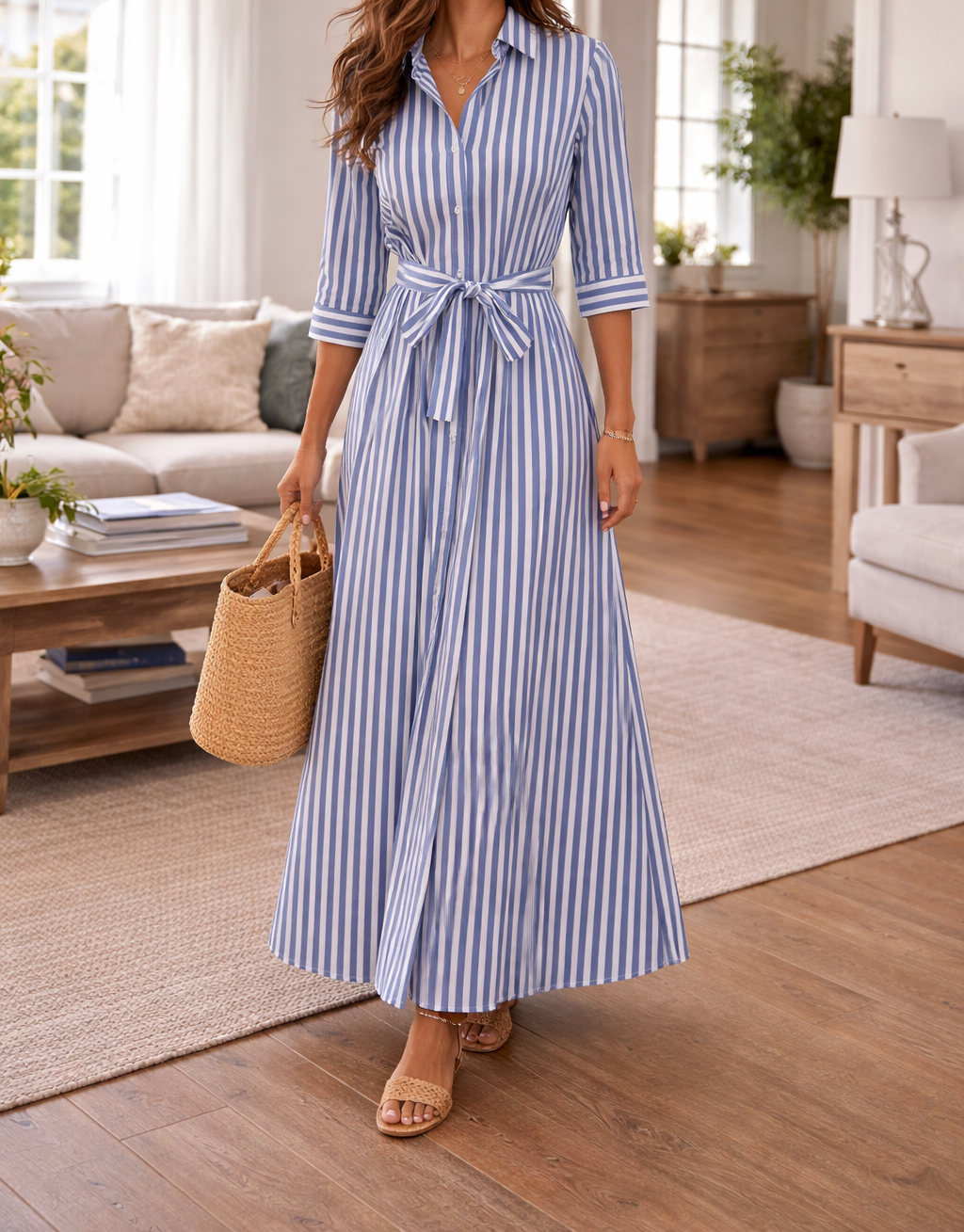 Women’s Maxi Shirt Dress with Tie Waist Detail