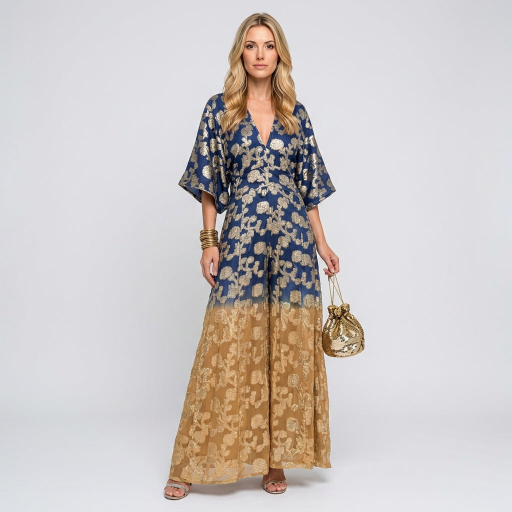 Vestido de Noche Maxi Kaftán Ombre Botánico Dorado para Mujer