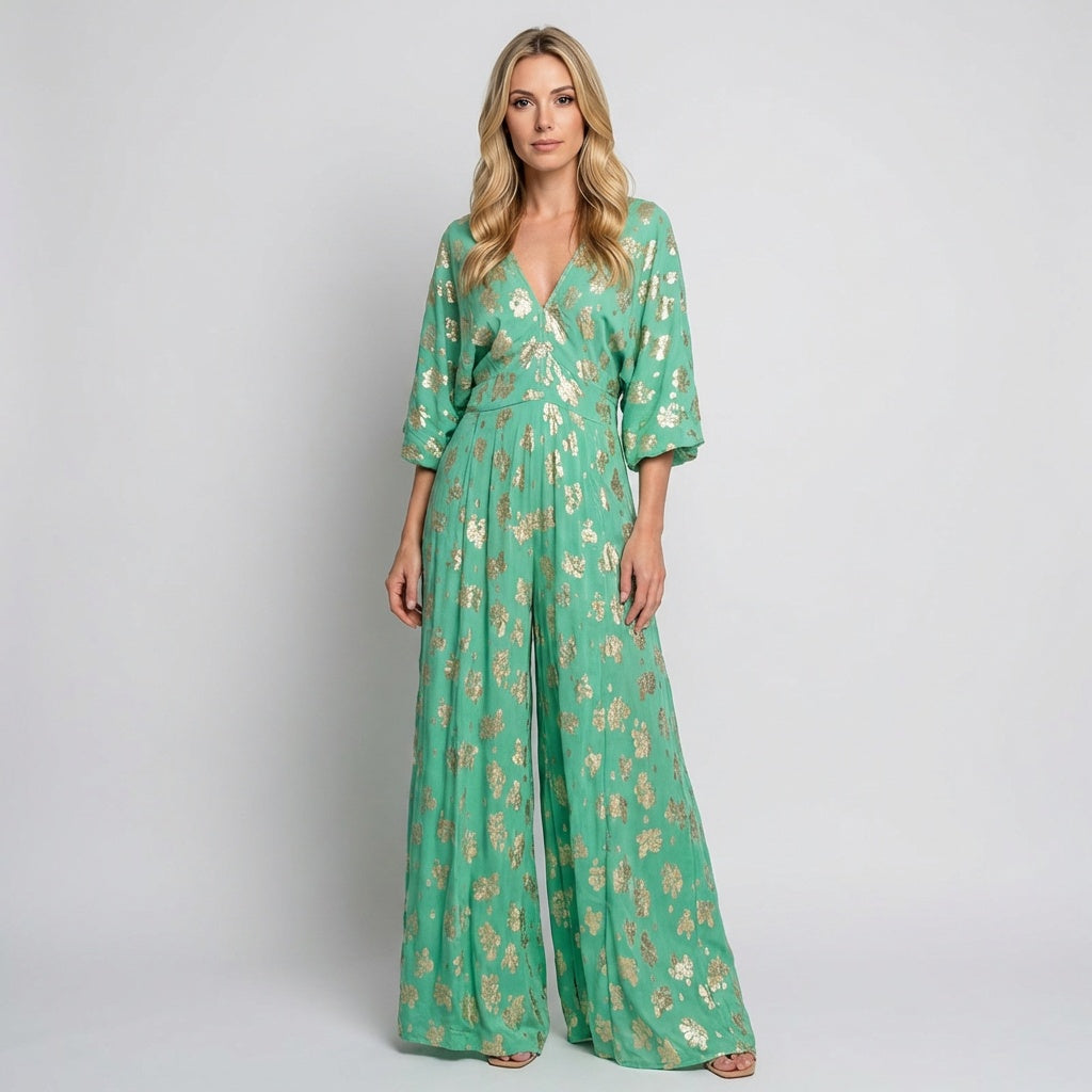 Vestido de Noche Maxi Kaftán Ombre Botánico Dorado para Mujer