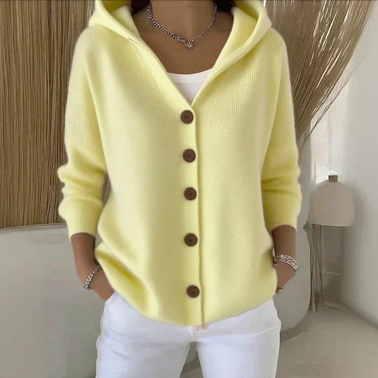 Women’s Hooded Knit Cardigan – Relaxed Button-Front Sweater with Pockets for Everyday Casual Layering