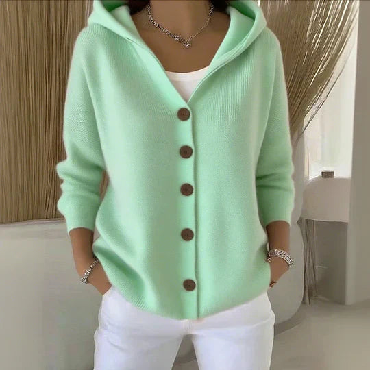 Women’s Hooded Knit Cardigan – Relaxed Button-Front Sweater with Pockets for Everyday Casual Layering