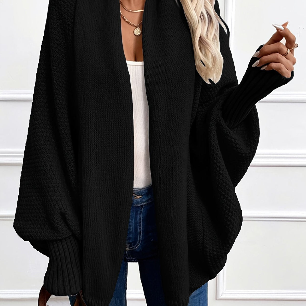 Cardigan lavorato a maglia da donna aperto sul davanti con maniche a pipistrello - Modello drappeggiato con collo a scialle per weekend autunnali e invernali, look cittadini, viaggi e stile quotidiano rilassato