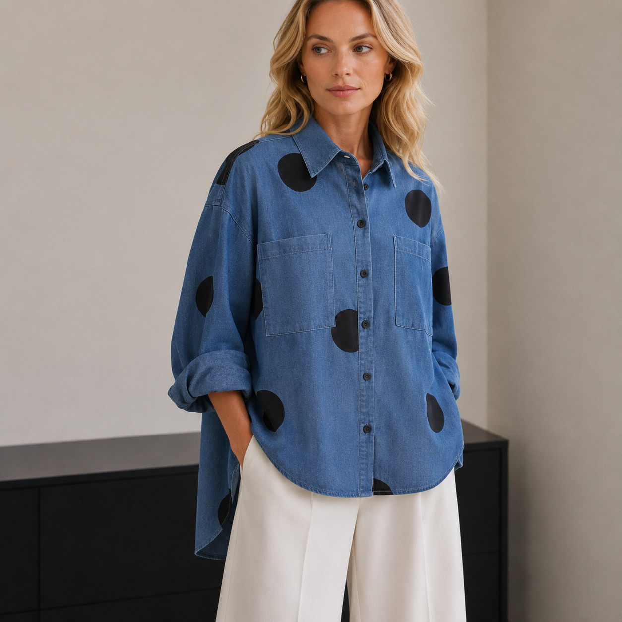 Women’s Oversized Printed Denim Shirt – Relaxed Long-Sleeve Layer for Everyday Wear