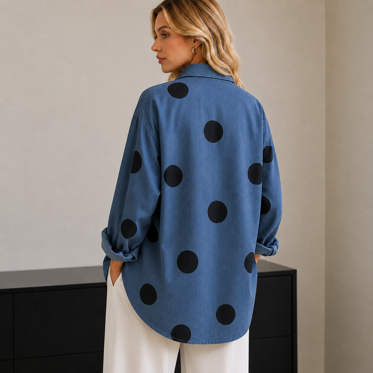 Women’s Oversized Printed Denim Shirt – Relaxed Long-Sleeve Layer for Everyday Wear