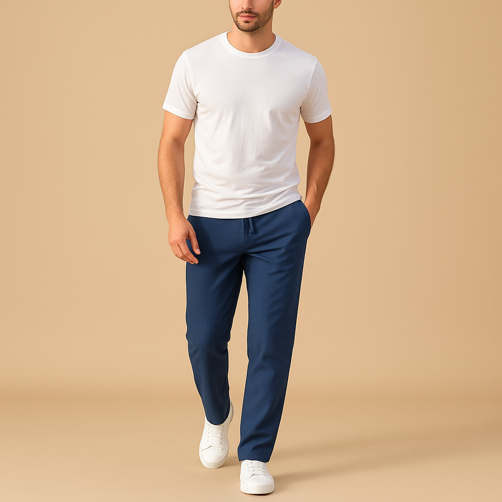 Herren-Baumwollhose mit Kordelzug – Lässig geschnittene, atmungsaktive Hose in voller Länge mit elastischem Bund für Reisen, Wochenenden und Freizeit im Alltag und Sommer