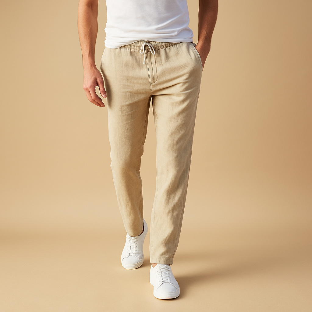 Herren-Baumwollhose mit Kordelzug – Lässig geschnittene, atmungsaktive Hose in voller Länge mit elastischem Bund für Reisen, Wochenenden und Freizeit im Alltag und Sommer