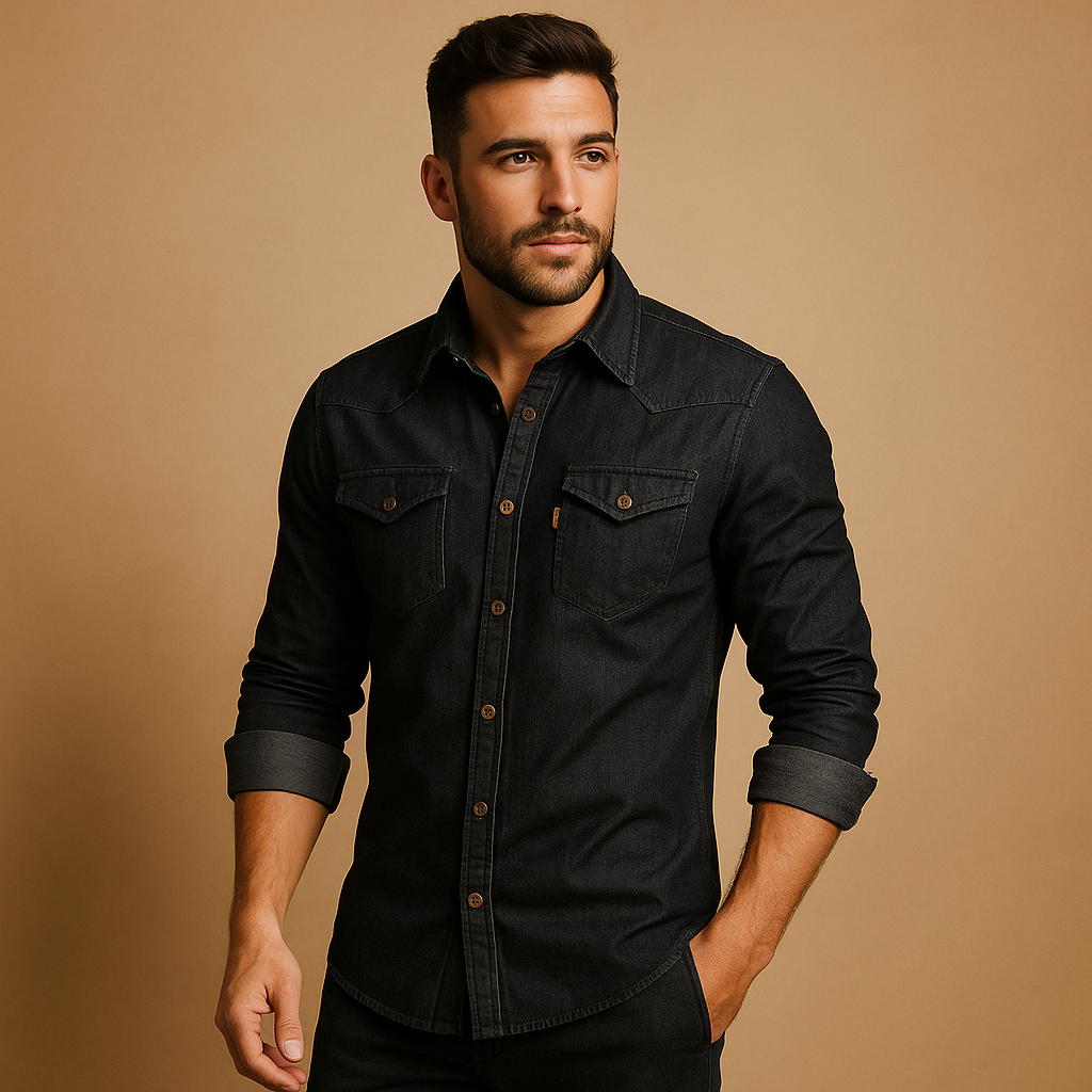 Men’s Denim Long-Sleeve Shirt – Relaxed Button-Front Western Style with Twin Chest Pockets for Casual Weekend Travel and Everyday Wear