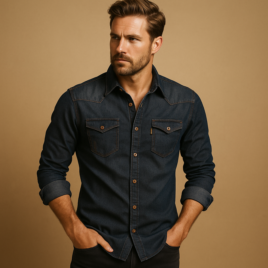Men’s Denim Long-Sleeve Shirt – Relaxed Button-Front Western Style with Twin Chest Pockets for Casual Weekend Travel and Everyday Wear