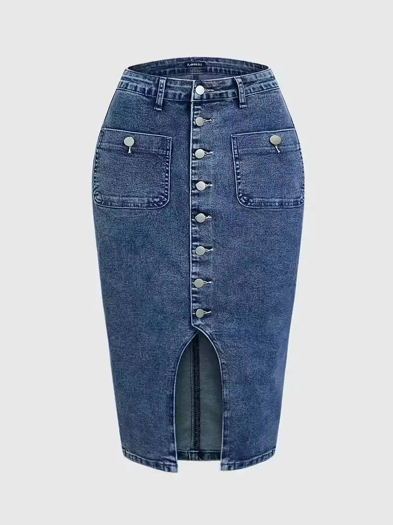 Fustă midi din denim pentru femei, cu nasturi în față și talie înaltă