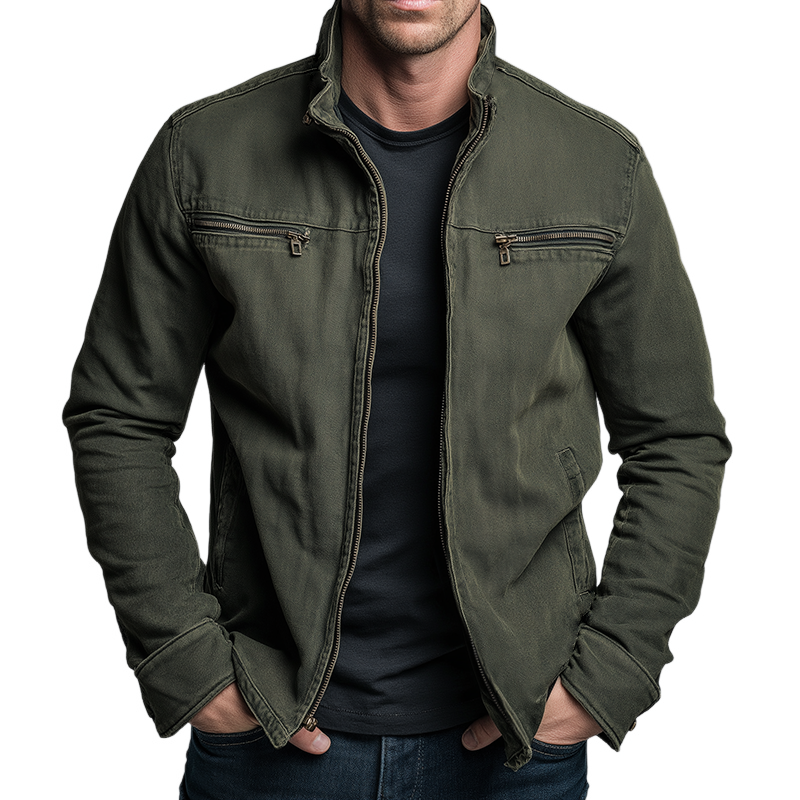 Veste classique en coton zippée pour homme - Couche de mi-saison à col montant et poches multiples pour l'automne en ville, les week-ends chic et décontractés, les voyages et le quotidien entre les saisons
